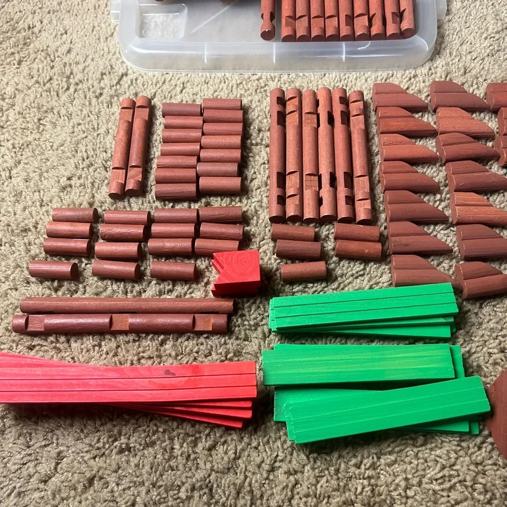 Vintage Wooden Building Log Set Interlocking Cabin Construction Toy 100+ Pieces